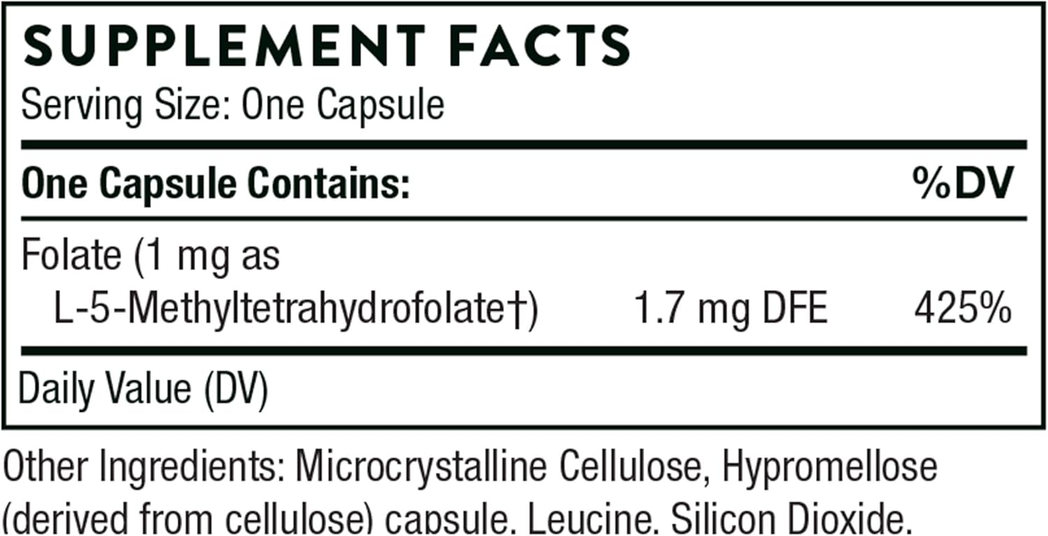 THORNE 5-MTHF - Methylfolate (Active B9 Folate) Supplement - Supports Cardiovascular Health, Fetal Development, Nerve Health, Methylation, and Homocysteine Levels - 60 Capsules - 5-MTHF 1mg