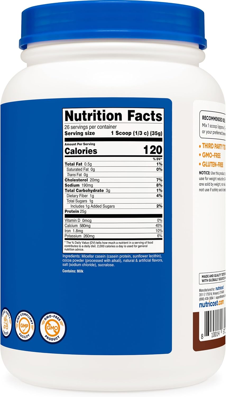 Nutricost Casein Protein Powder 2lb Chocolate - Micellar Casein, Gluten Free, Non-GMO