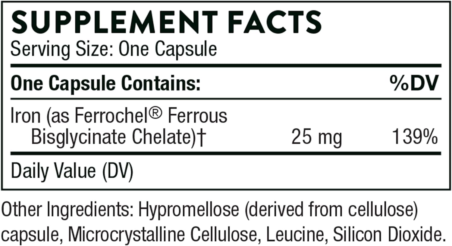 THORNE Iron Bisglycinate - 25 mg Iron Supplement for Enhanced Absorption Without Gastrointestinal Side Effects - NSF Certified for Sport - Gluten-Free - 60 Capsules