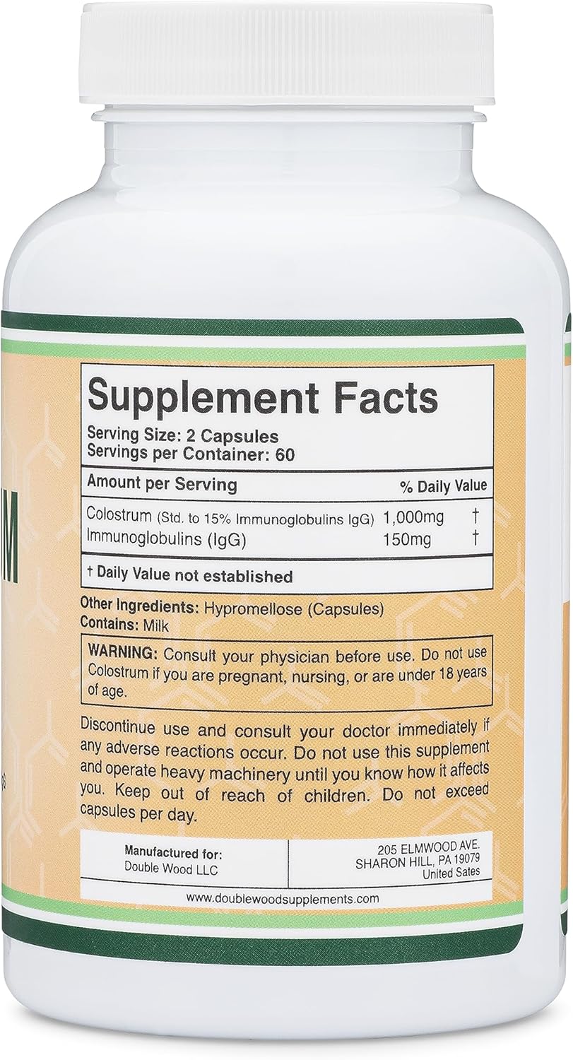 Colostrum Supplement 120 Capsules, 1,000mg per Serving (Bovine Colostrum Powder from First Milking Only, Std. to Contain 15% IgG Immunoglobulins) No Fillers,