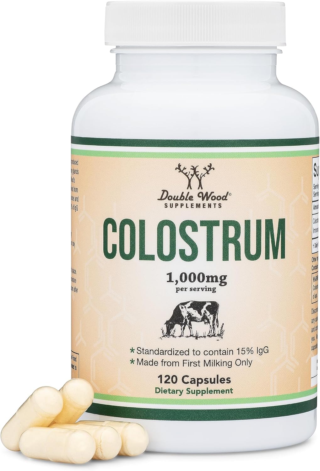 Colostrum Supplement 120 Capsules, 1,000mg per Serving (Bovine Colostrum Powder from First Milking Only, Std. to Contain 15% IgG Immunoglobulins) No Fillers,
