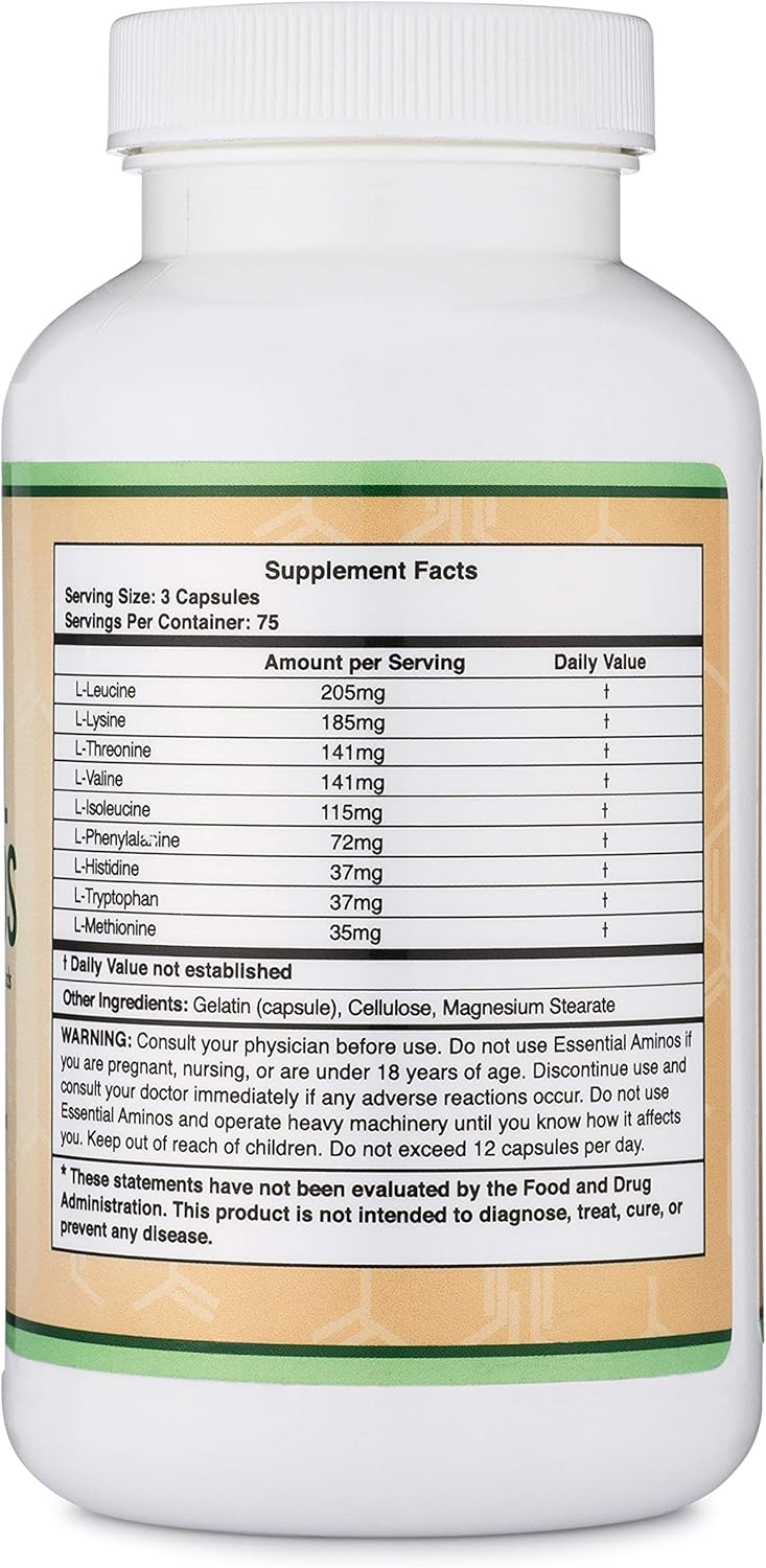 Essential Amino Acids - 1 Gram Per Serving Powder Blend of All 9 Essential Aminos (EAA) and All Branched-Chain Aminos (BCAAs) (Leucine, Isoleucine, Valine) 225 Capsules,v