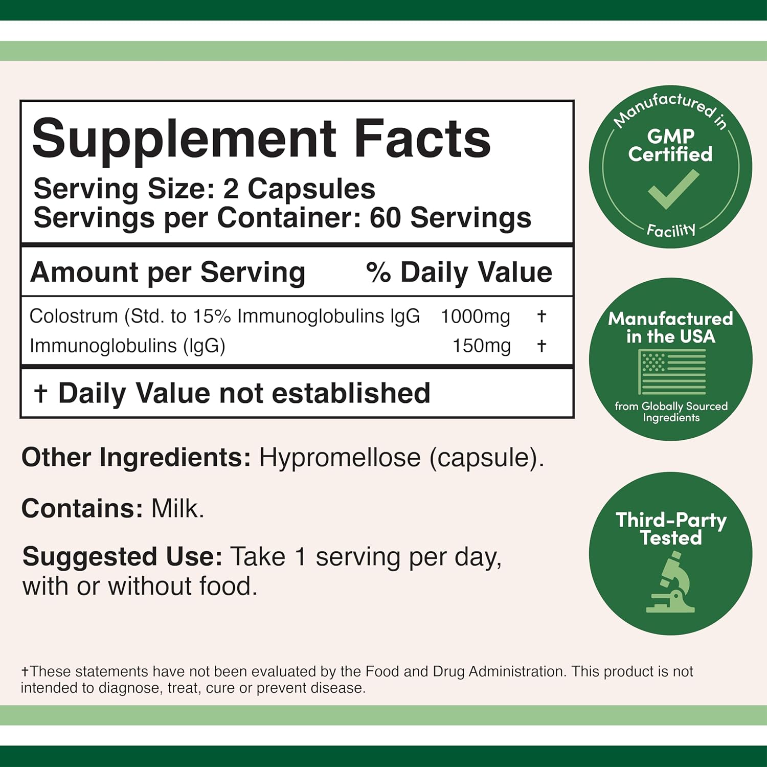 Colostrum Supplement 120 Capsules, 1,000mg per Serving (Bovine Colostrum Powder from First Milking Only, Std. to Contain 15% IgG Immunoglobulins) No Fillers,