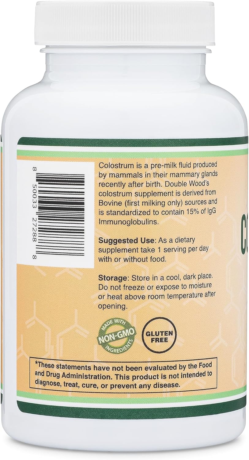 Colostrum Supplement 120 Capsules, 1,000mg per Serving (Bovine Colostrum Powder from First Milking Only, Std. to Contain 15% IgG Immunoglobulins) No Fillers,