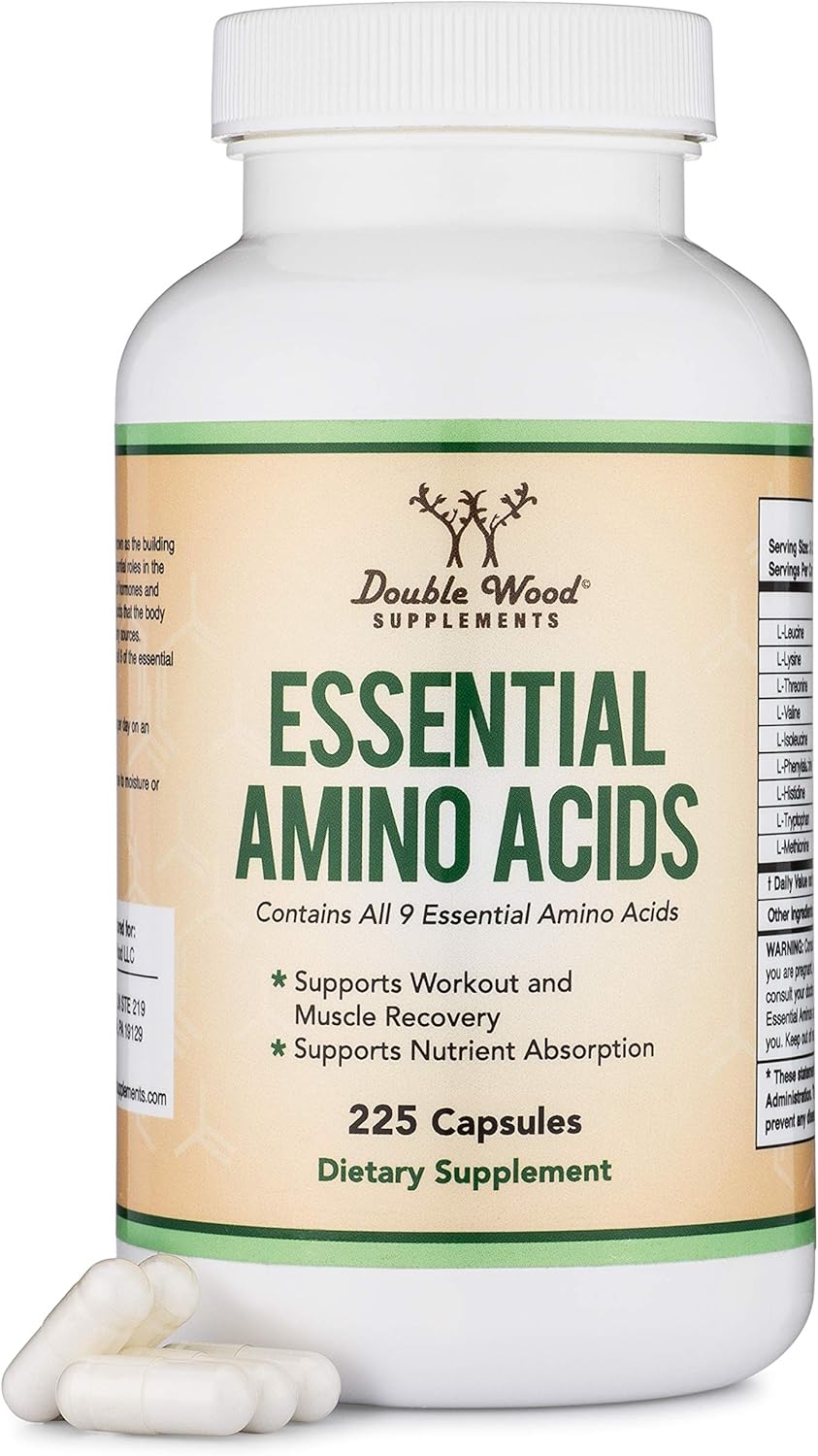 Essential Amino Acids - 1 Gram Per Serving Powder Blend of All 9 Essential Aminos (EAA) and All Branched-Chain Aminos (BCAAs) (Leucine, Isoleucine, Valine) 225 Capsules,v