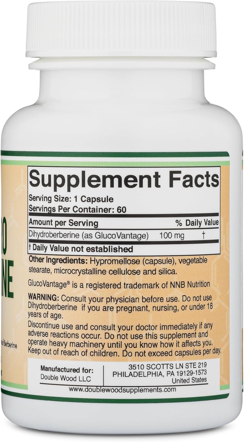 Dihydroberberine Supplement 100mg, 60 Capsules (Patented GlucoVantage Super Berberine, May be 5X More Effective Than Berberine with Less Side Effects)