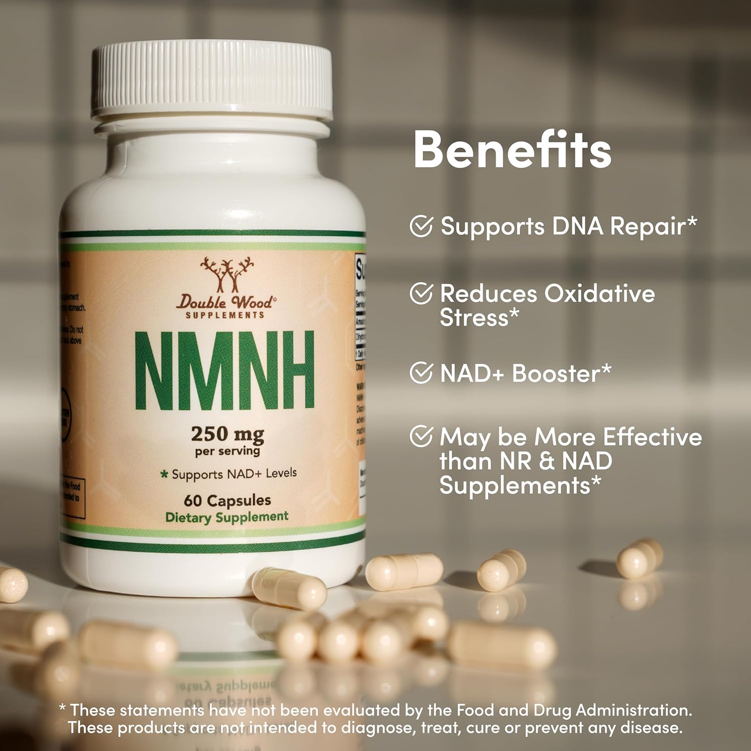 NMNH (NMN Supplement Alternative) (Dihydronicotinamide Mononucleotide) 250mg Per Serving, 60 Count (30 Servings) NAD Supplement to Boost NAD+ Levels As We Age (Non-GMO, Gluten Free)