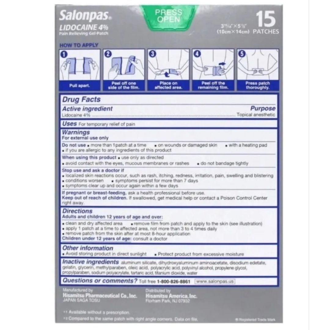 SALONPAS PAIN RELIEVING LIDOCAINR 4% GEL-PATCH, 15 GEL PATCHES