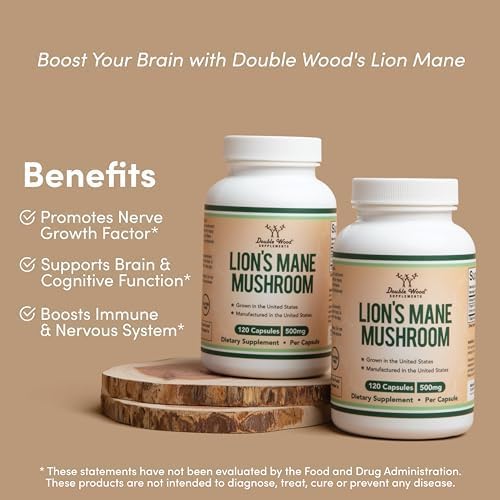 Lions Mane Supplement Mushroom Capsules (Two Month Supply - 120 Count) Lions Mane Mushroom for Brain Support and Immune Health