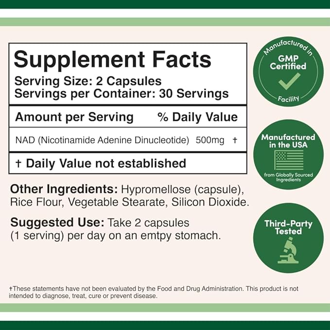 NAD Supplement (500mg of 95% Pure NAD+ Per Serving, 30 Day Supply) NAD Booster Similar to Nicotinamide Riboside (Third Party Tested, Vegan Safe, Non-GMO) by Double Wood