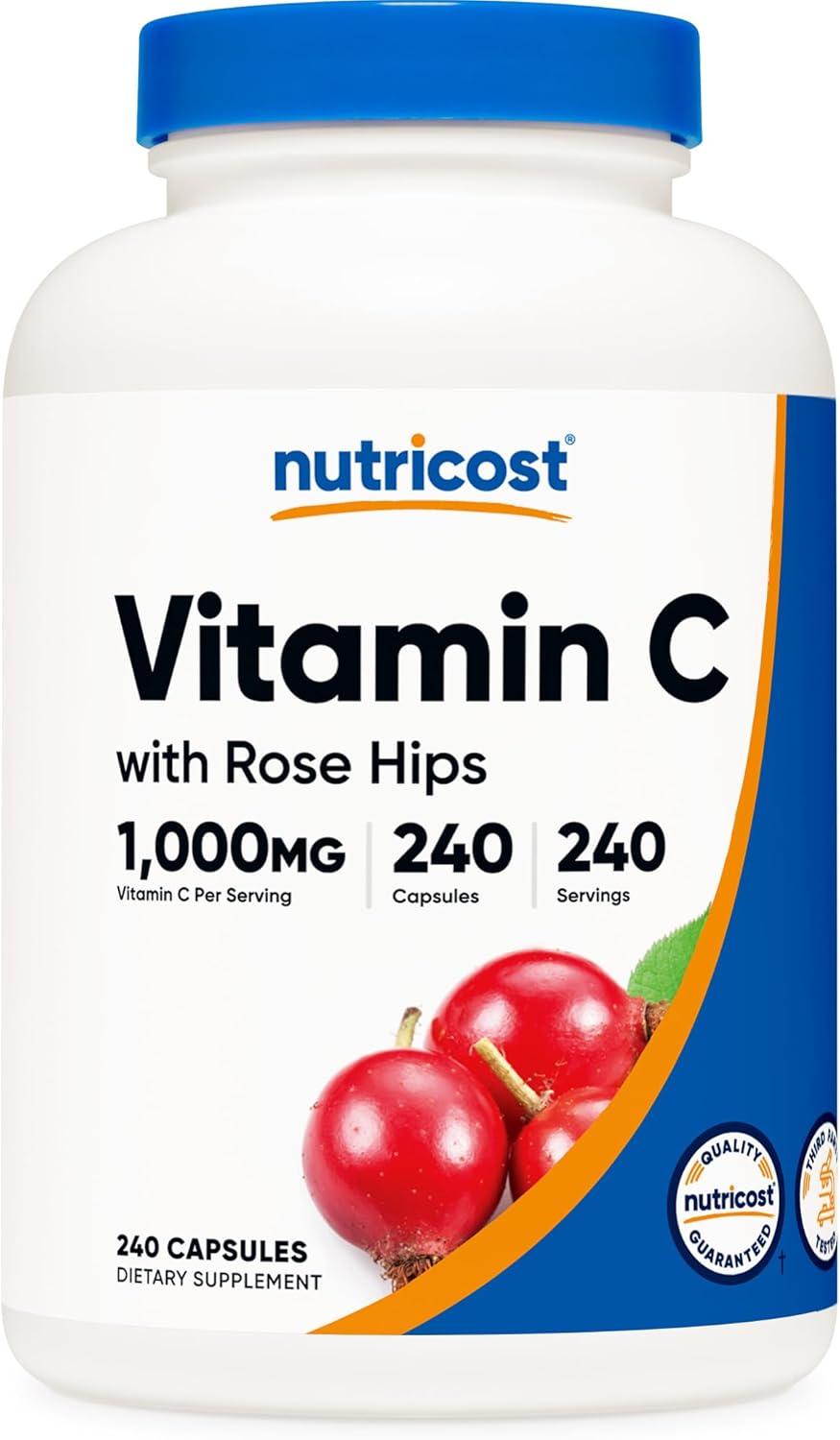 Nutricost Vitamin C with Rose HIPS 1025mg, 240 Capsules - Vitamin C 1,000mg, Rose HIPS 25mg, Premium, Non-GMO, Gluten Free Supplement