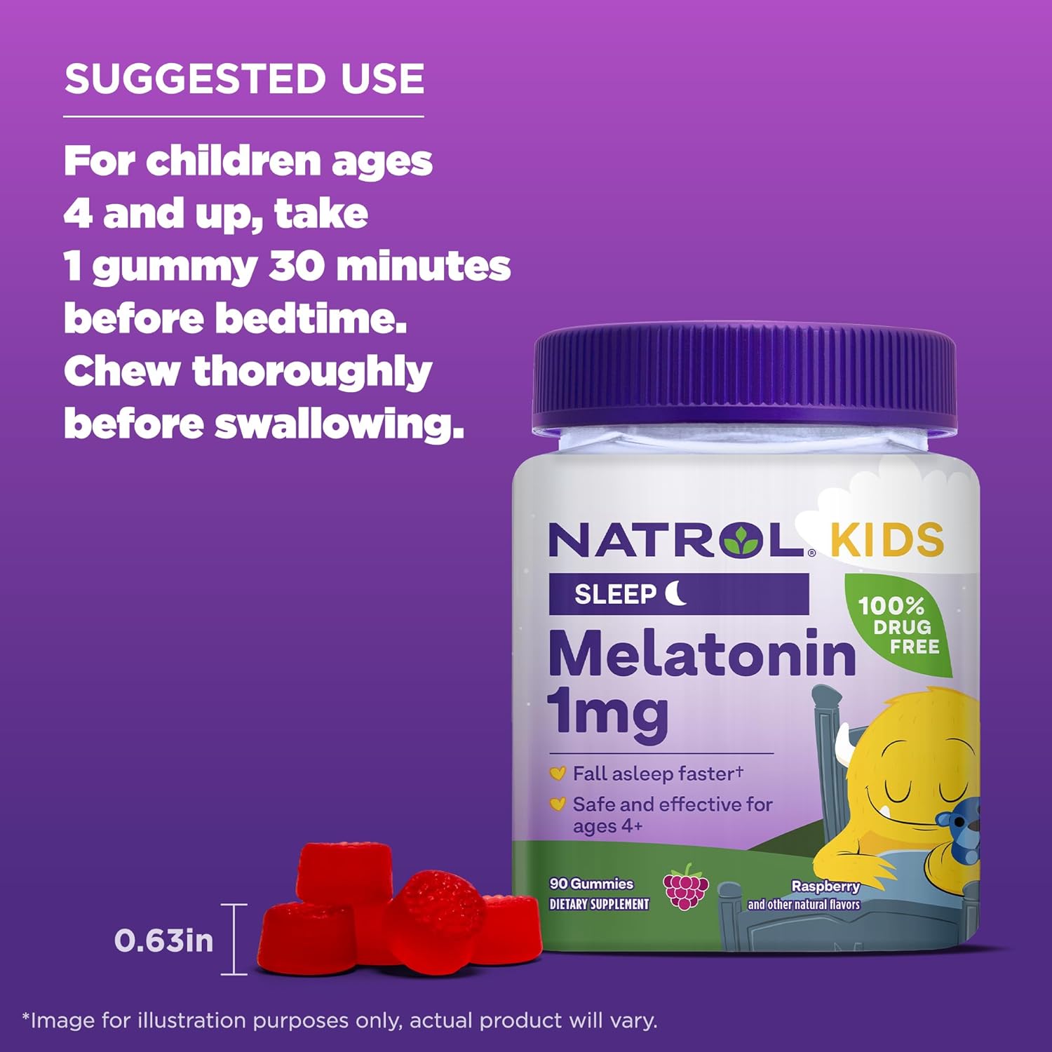 Natrol Kids Melatonin 1mg, Supplement for Restful Sleep, Sleep Gummies for Children, 90 Raspberry-Flavored Melatonin Gummies, 90 Day Supply