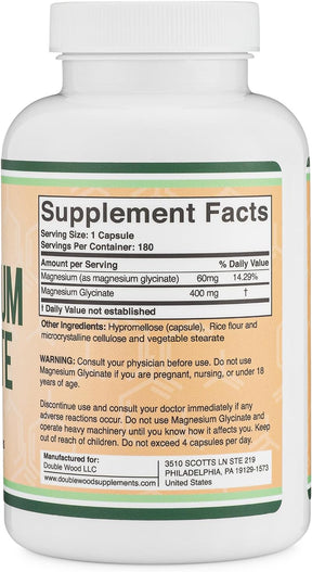 Magnesium Glycinate 400mg, 180 Capsules (Vegan Safe, Third Party Tested, Gluten Free, Non-GMO) High Absorption Magnesium by Double Wood Supplements