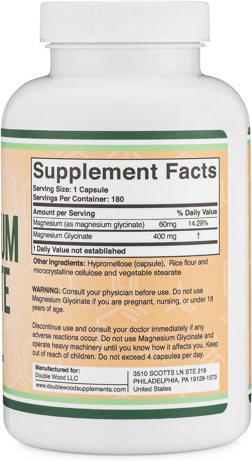 Magnesium Glycinate 400mg, 180 Capsules (Vegan Safe, Third Party Tested, Gluten Free, Non-GMO) High Absorption Magnesium by Double Wood Supplements