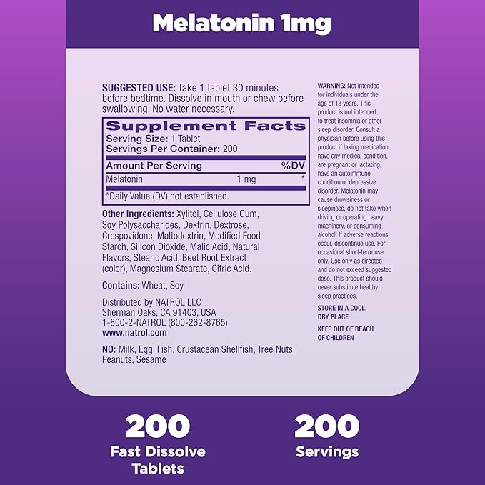 Natrol Melatonin 1mg, Strawberry-Flavored Dietary Supplement for Restful Sleep, 200 Fast-Dissolve Tablets, 200 Day Supply