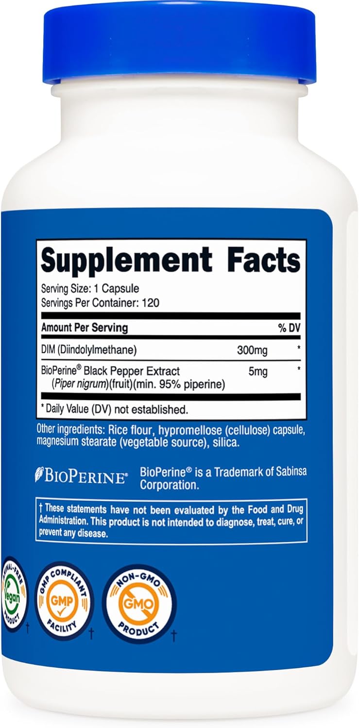 Nutricost DIM (Diindolylmethane) Plus BioPerine 300mg, 120 Vegetarian Capsules - Up to 4 Month Supply, Max Strength DIM Supplement