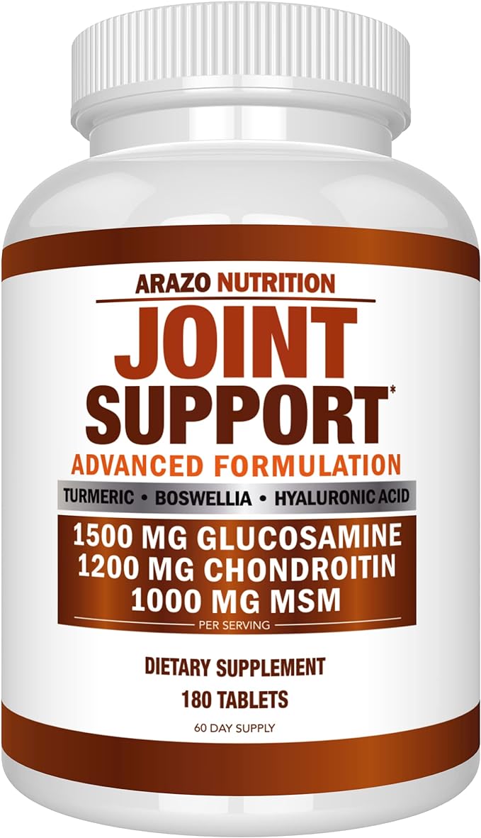 Arazo Nutrition Glucosamine Chondroitin Turmeric Msm Boswellia - Joint Support Supplement for Relief 180 Tablets for Bones, Back, Knees, Hands (180 Tablets)