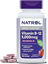 Natrol Vitamin B12 Fast Dissolve Tablets, Promotes Energy, Supports a Healthy Nervous System, Maximum Strength, Strawberry Flavor, 5,000mcg, 100 Count