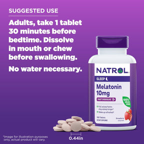 Natrol Sleep Melatonin 10mg Fast Dissolve Tablets, Nighttime Sleep Aid for Adults, 100 Strawberry-Flavored Melatonin Tablets, 100 Day Supply