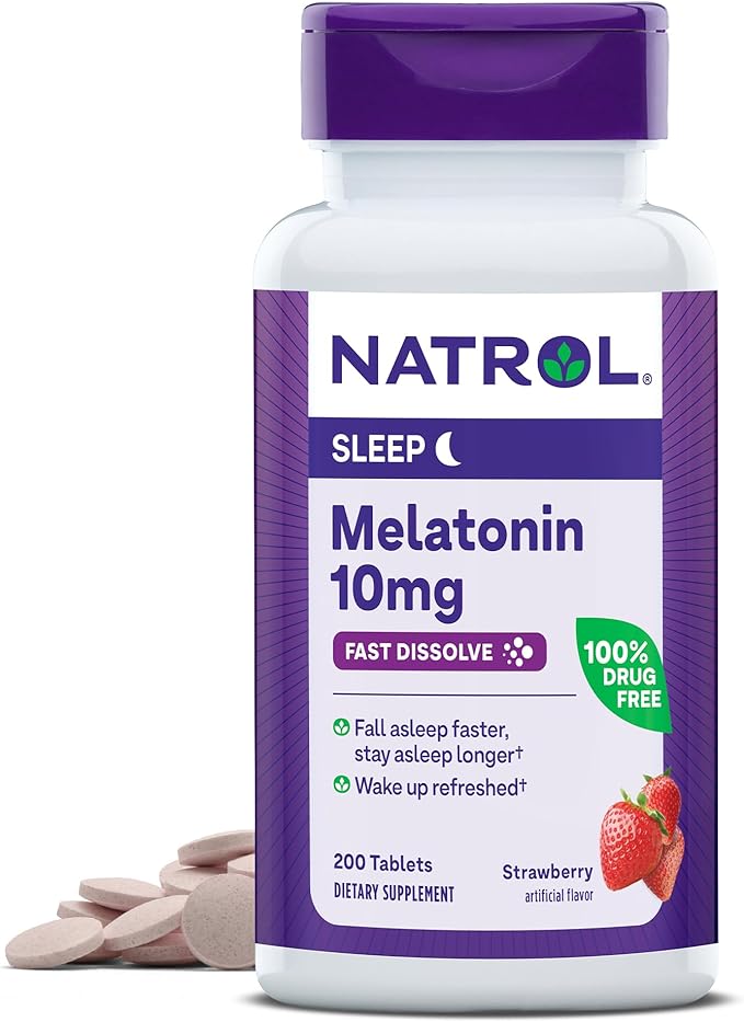 Natrol Fast Dissolve Melatonin 10 mg, Dietary Supplement for Restful Sleep, Fast-Dissolve Tablets for Adults, 200 Strawberry-Flavored Melatonin Tablets, 200 Day Supply