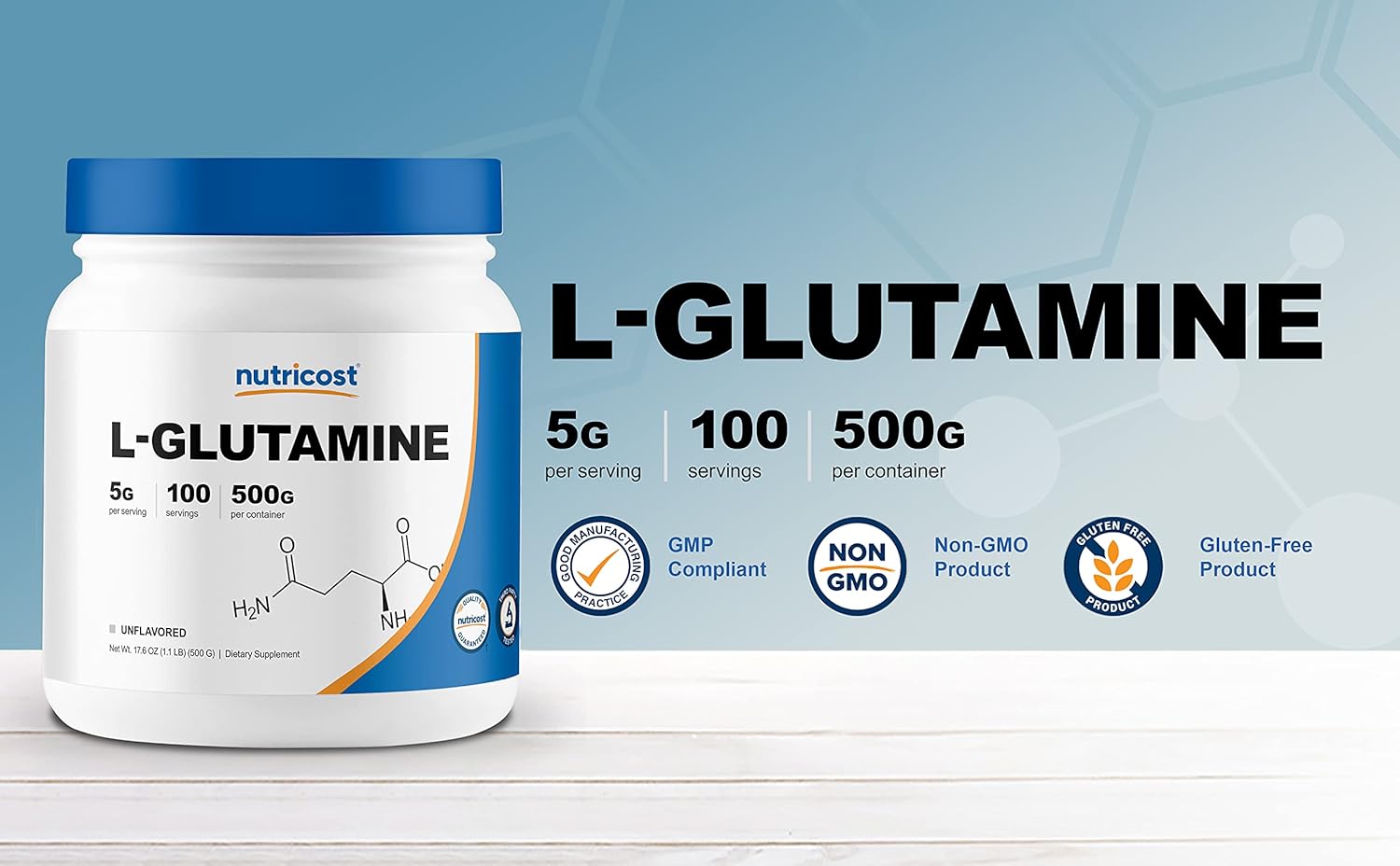 Nutricost L-Glutamine Powder (500 Grams) Unflavored - Gluten Free & Non-GMO, 100 Servings