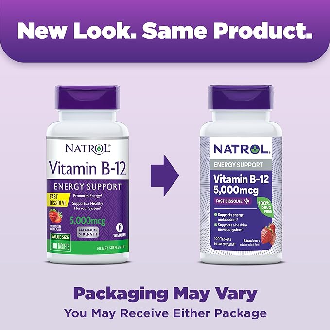 Natrol Vitamin B12 Fast Dissolve Tablets, Promotes Energy, Supports a Healthy Nervous System, Maximum Strength, Strawberry Flavor, 5,000mcg, 100 Count