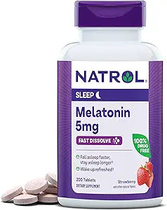 Natrol Sleep Melatonin 5mg Fast Dissolve Tablets, Nighttime Sleep Aid for Adults, 200 Strawberry-Flavored Melatonin Tablets, 200 Day Supply