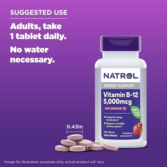 Natrol Vitamin B12 Fast Dissolve Tablets, Promotes Energy, Supports a Healthy Nervous System, Maximum Strength, Strawberry Flavor, 5,000mcg, 100 Count