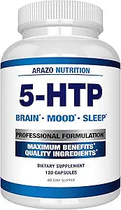 Arazo Nutrition 5-HTP 200 MG Plus Calcium for Mood, Sleep – Supports Calm and Relaxed Mood – 99% High Purity – 120 Capsules