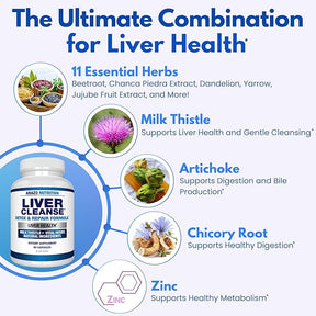 Arazo Nutrition Liver Cleanse Detox & Repair Formula – Milk Thistle Herbal Support Supplement: Silymarin, Beet, Artichoke, Dandelion, Chicory Root