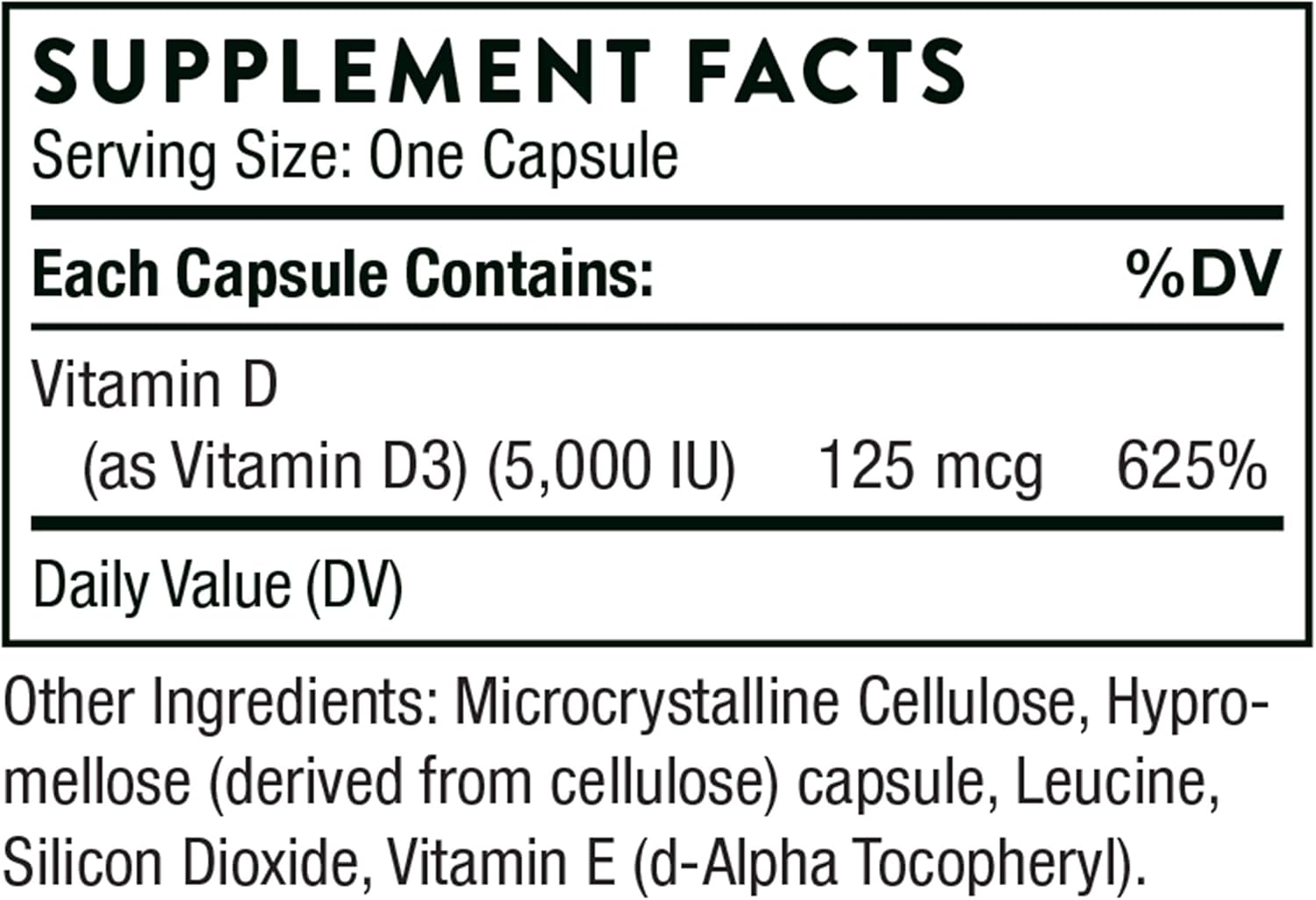 THORNE Vitamin D-5000 - Vitamin D3 Supplement - Support Healthy Bones, Teeth, Muscles, Cardiovascular, and Immune Function - NSF Certified for Sport - Dairy-Free, Soy-Free - 60 Capsules