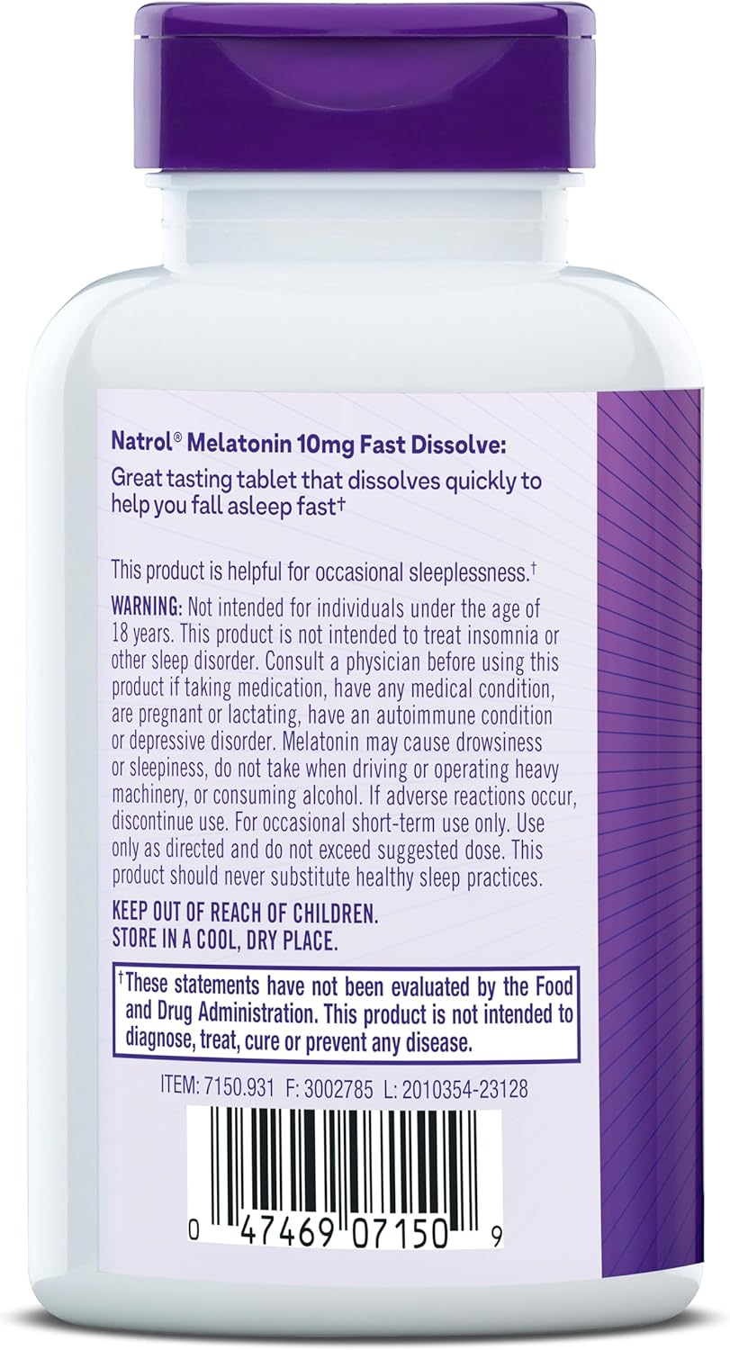 Natrol Sleep Melatonin 10mg Fast Dissolve Tablets, Nighttime Sleep Aid for Adults, 100 Strawberry-Flavored Melatonin Tablets, 100 Day Supply