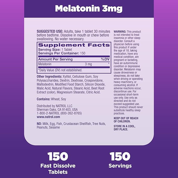 Natrol Melatonin 3mg, Strawberry-Flavored Dietary Supplement for Restful Sleep, 150 Fast-Dissolve Tablets, 150 Day Supply