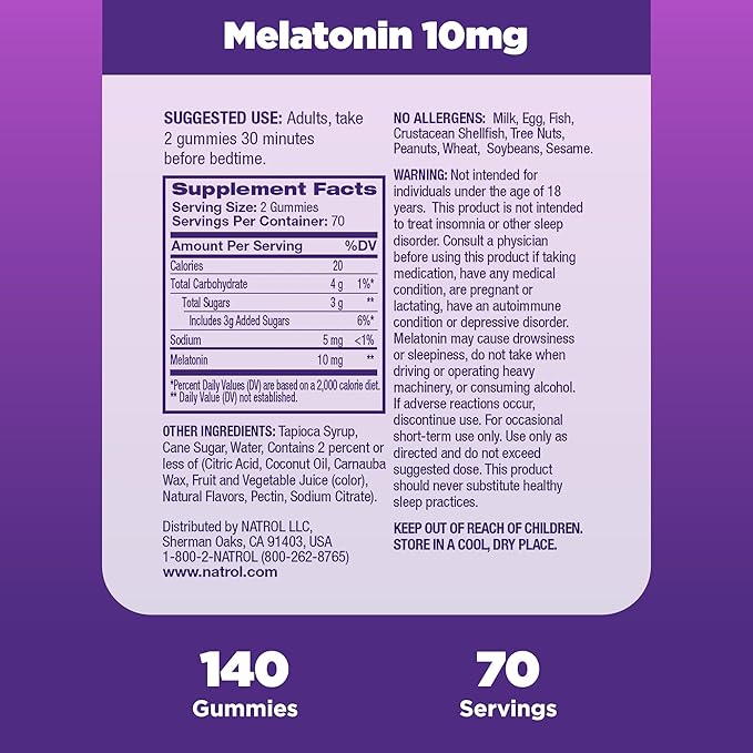 Natrol 10mg Melatonin Gummies, Sleep Support for Adults, Melatonin Supplements for Sleeping, 140 Strawberry-Flavored Gummies, 70 Day Supply