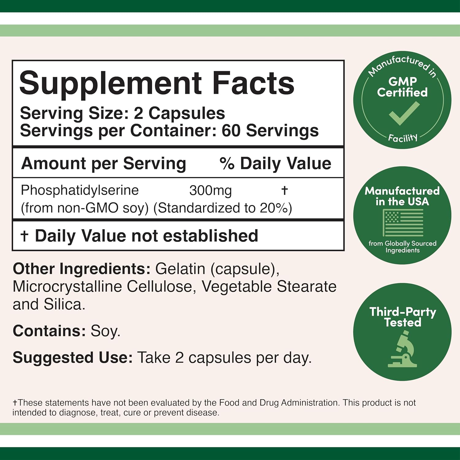 PhosphatidylSerine Supplement 300mg Per Serving, 120 Capsules (Phosphatidyl Serine Complex)