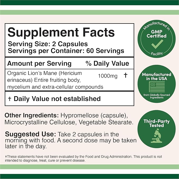 Lions Mane Supplement Mushroom Capsules (Two Month Supply - 120 Count) Lions Mane Mushroom for Brain Support and Immune Health