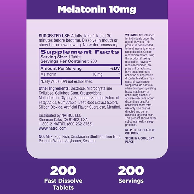 Natrol Fast Dissolve Melatonin 10 mg, Dietary Supplement for Restful Sleep, Fast-Dissolve Tablets for Adults, 200 Strawberry-Flavored Melatonin Tablets, 200 Day Supply