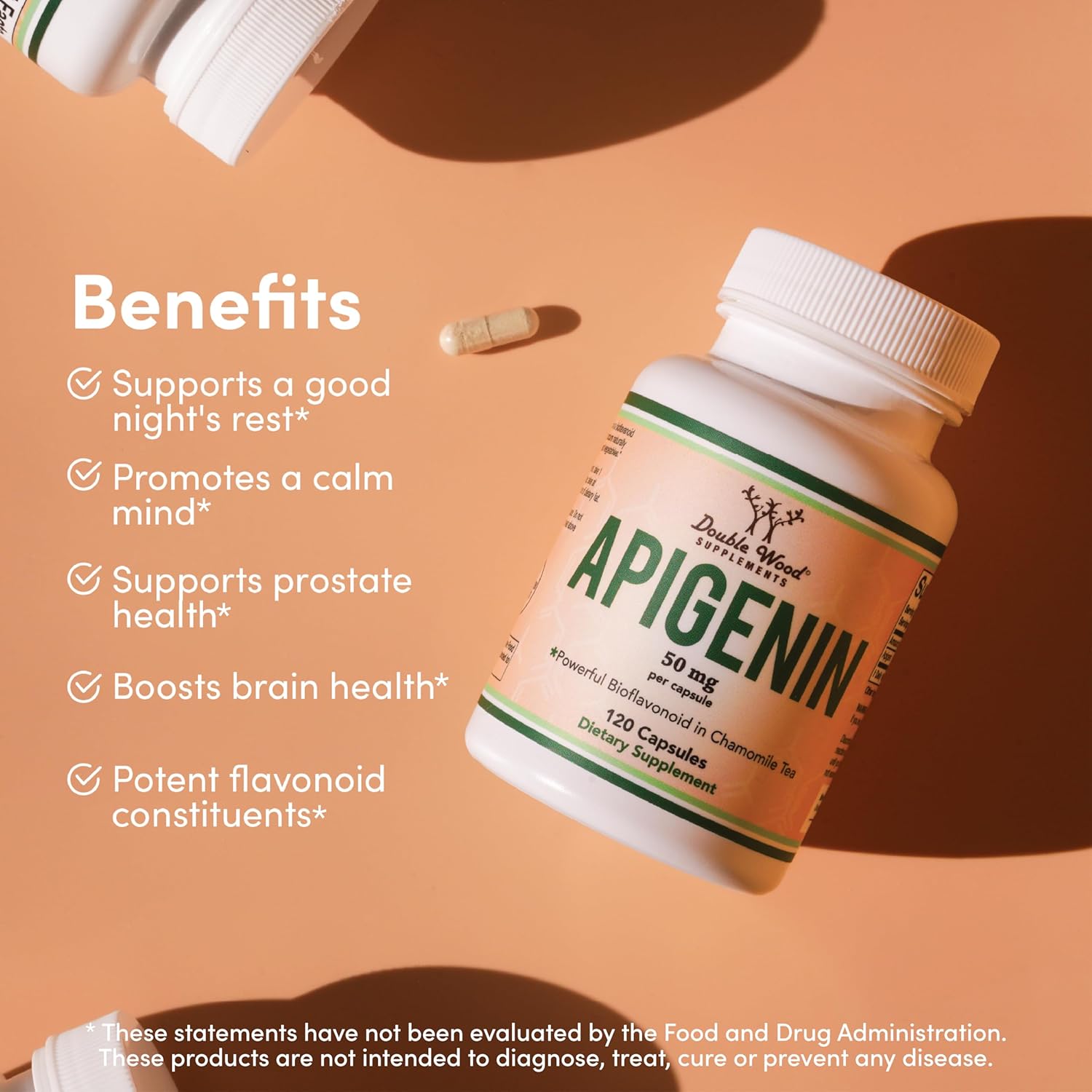 Apigenin Supplement - 50mg per Capsule, 120 Count (Powerful Bioflavonoid Found in Chamomile Tea for Relaxation, Sleep, and Mood) Senolytic Flavonols for Aging (Gluten Free