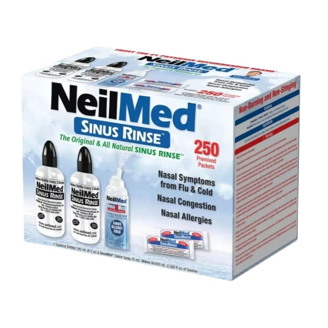 NeilMed Sinus Rinse Kit 250 Packets + 2 Squeeze Bottles + NASAMIST SALINE SPRAY