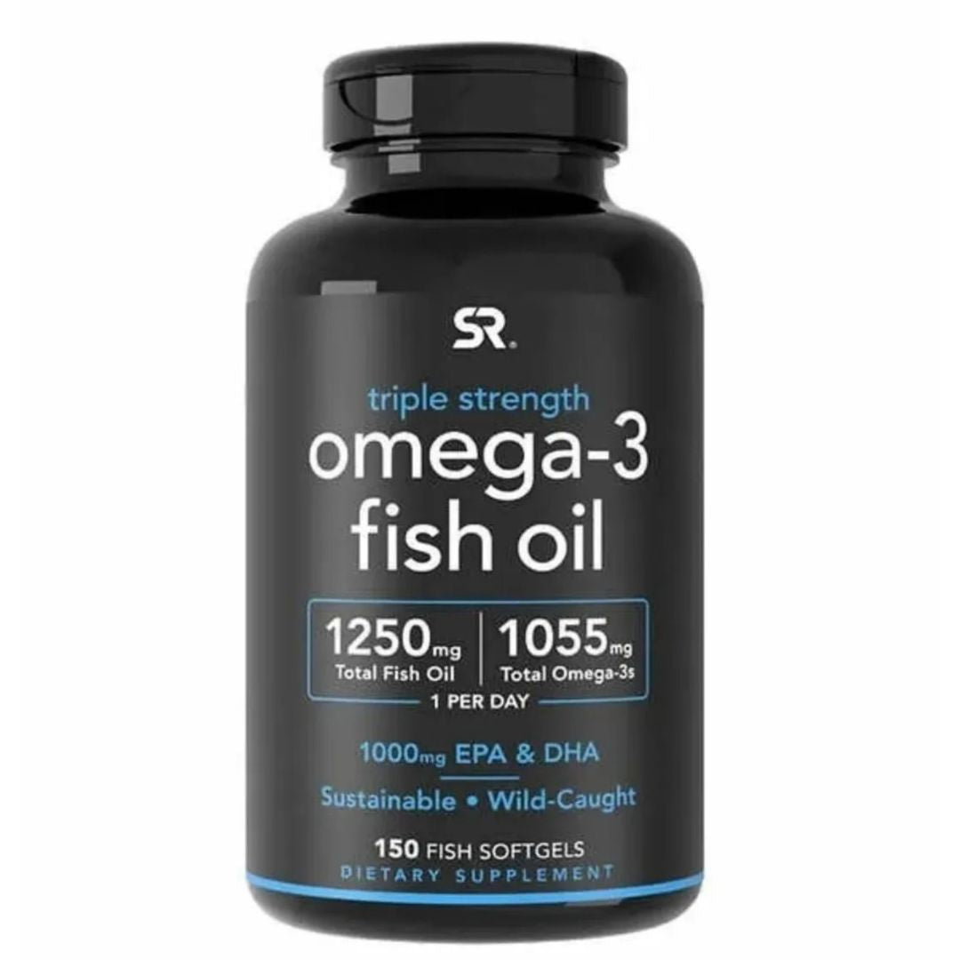 Sports Research Triple Strength Omega 3 Fish Oil - Burpless Fish Oil Supplement w/EPA & DHA Fatty Acids from Wild Caught Fish - Heart, Brain & Immune Support for Men & Women - 1250 mg 150 ct