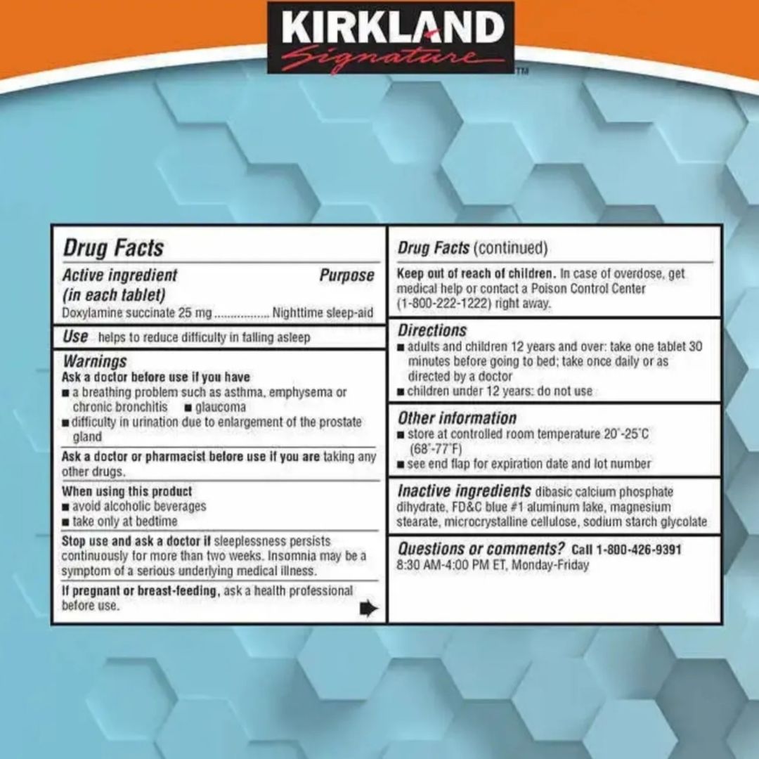 Kirkland Signature Sleep Aid Doxylamine Succinate Sleep Aid 25 Mg 96 count